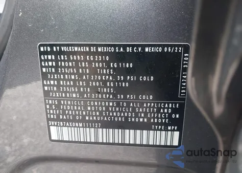 2022 Volkswagen Tiguan 2.0T Se from USA, damaged, VIN 3VV2B7AX0NM111127